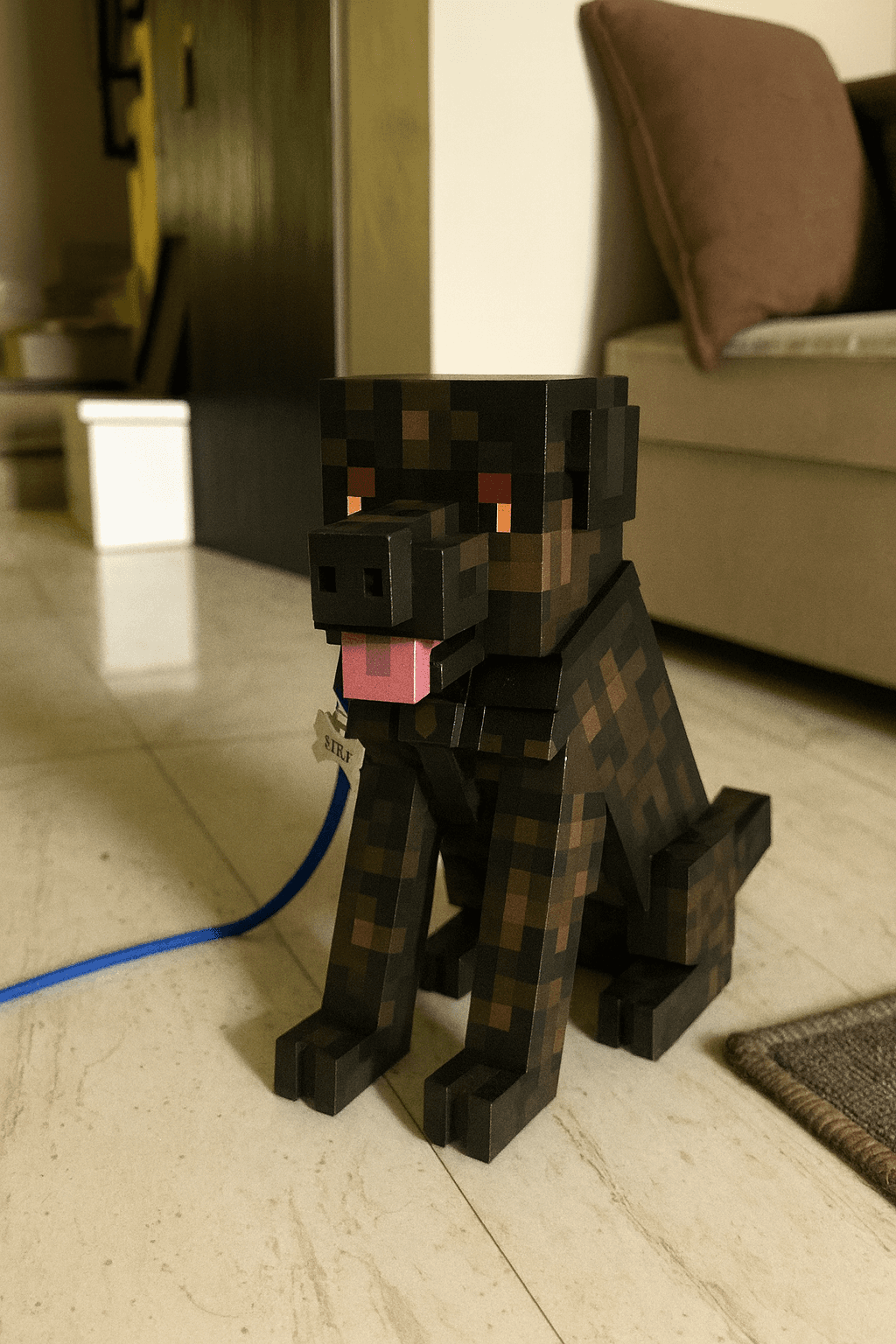 Dog rendered as a Minecraft‑style action figure with toy packaging