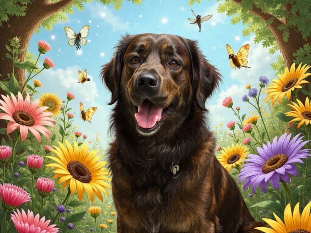 AI-generated portrait of a dog surrounded by colorful flowers and butterflies